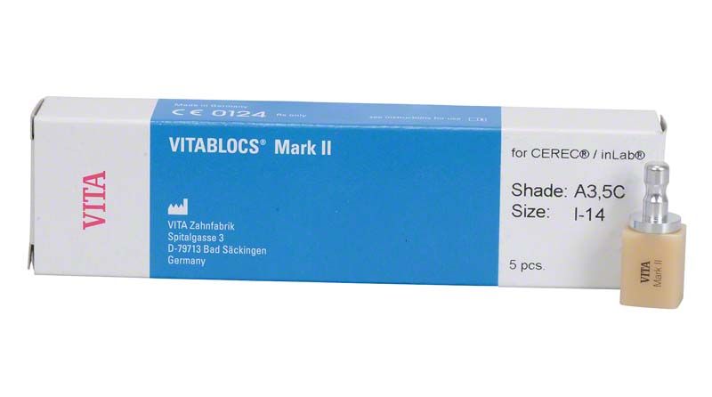 VITABLOCS® Mark II Zahnblock in Größe I14, Farbton A3,5C, mit Verpackung.