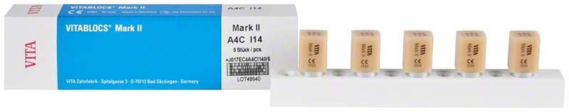 VITABLOCS® Mark II I14 VITA classical A4C Keramikblöcke in Verpackung und auf Halter.