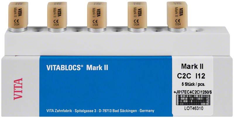 VITABLOCS® Mark II I12 C2C Zähne in Verpackung mit Produktdetails.