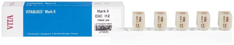 VITABLOCS® Mark II I12 D3C Zahnblöcke in Verpackung mit fünf Blöcken.
