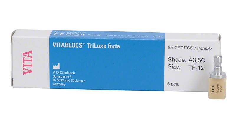 VITABLOCS® TriLuxe forte Keramikblock und Verpackung, Größe TF-12, Farbton A3,5C.