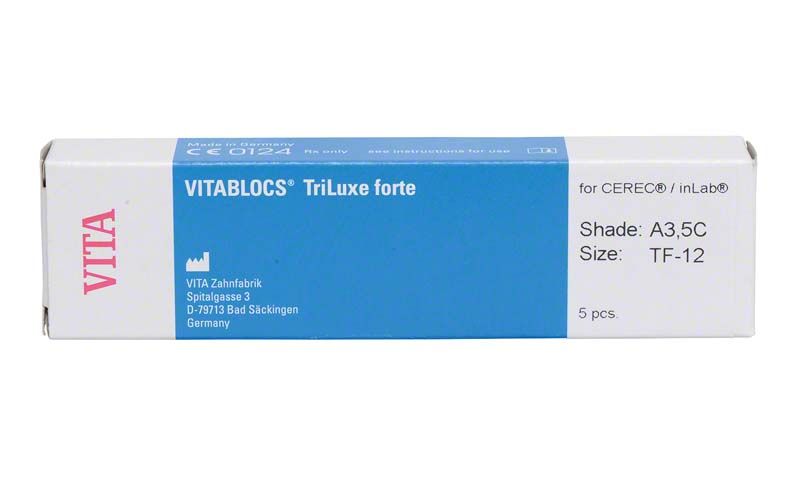 Verpackung der VITABLOCS® TriLuxe forte TF-12, Farbton A3,5C, 5 Stück.