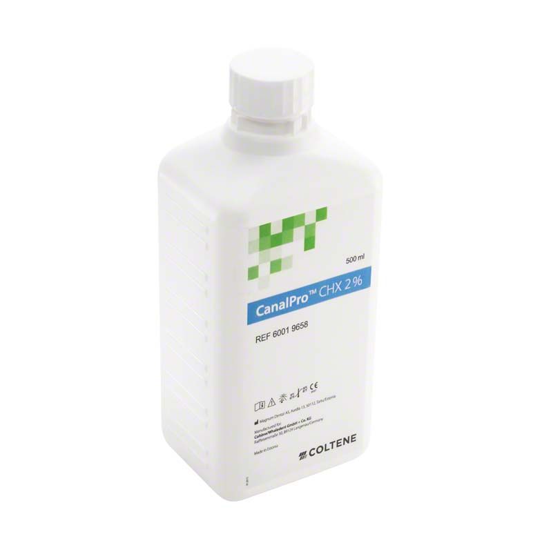 CanalPro™ CHX 2% Flasche eckig 500ml mit Etikett und Logo.