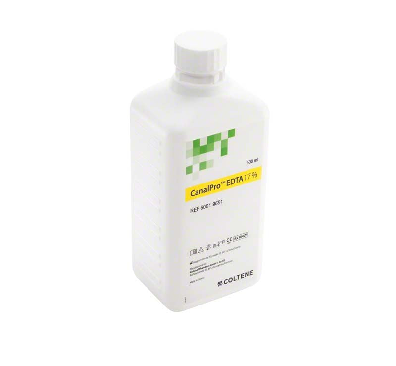 Kantige Flasche CanalPro™ EDTA 17% 500ml für dentalen Einsatz.