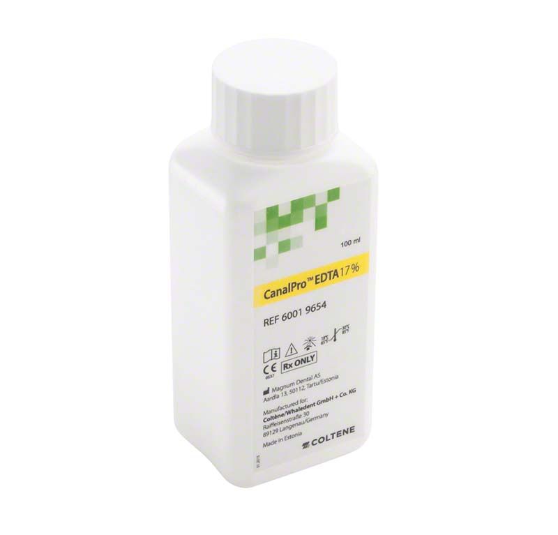 CanalPro™ EDTA 17% Flasche, 100ml, mit Etikett und Dosierkappe.