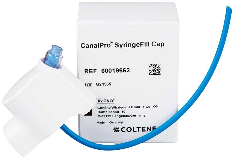 CanalPro™ SyringeFill Cap mit blauer Anschlussleitung und Verpackung.