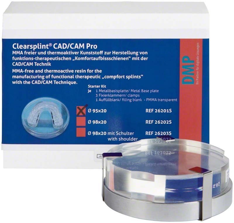 Clearsplint® CAD/CAM Pro Starter Kit Verpackung mit Kunststoffscheibe.