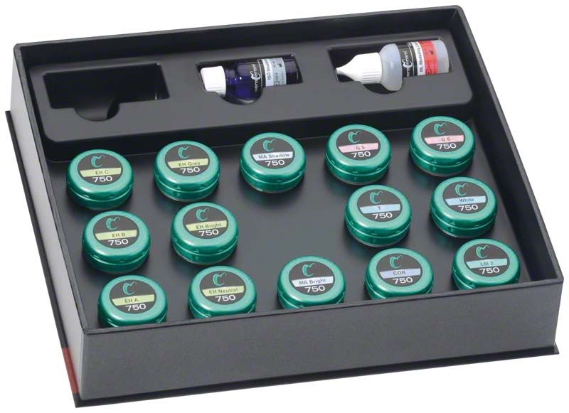 HeraCeram® Zirkonia 750 Enhancer-Set mit Farbpulvern und Flüssigkeiten in schwarzer Verpackung.