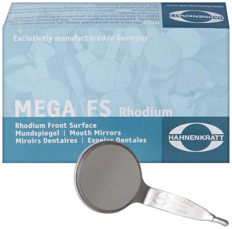 MEGAduo Mundspiegelansatz mit Rhodiumbeschichtung und Verpackung im Hintergrund