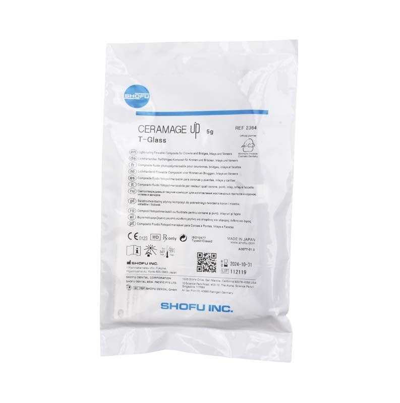 Verpackung des CERAMAGE UP Translucent T-Glass mit Produktinformationen und Shofu-Logo.