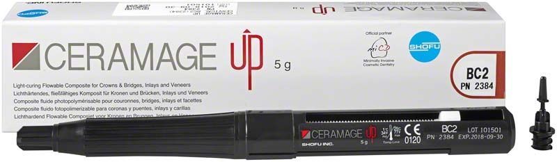 CERAMAGE UP BC2 Verblendkomposit-Spritze mit Verpackung im Hintergrund.