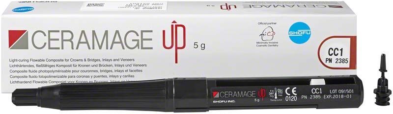 Schwarzer CERAMAGE UP Verblendkunststoff mit Verpackung und Applikationsspitze.