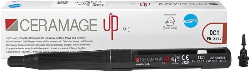 Keramisches Kompositsystem CERAMAGE UP mit Verpackung und Applikationsspitze.