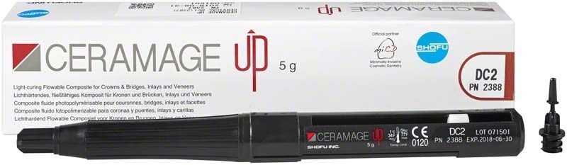 CERAMAGE UP DC2 Komposit-Verblendsystem mit Verpackung und Applikationsspitze.