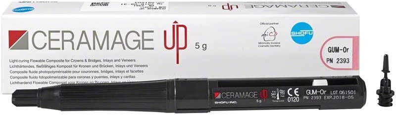 CERAMAGE UP GUM-Or Komposit-Spritze vor Verpackung mit Produktdetails.
