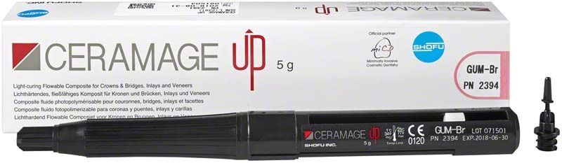 CERAMAGE UP GUM-Br Verblendkunststoff-Spritze, 5g, mit Produktdetails auf Verpackung.