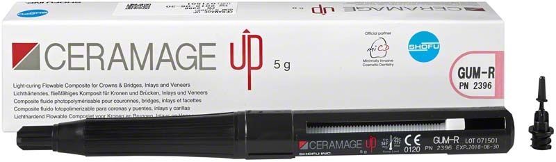 Keramisches Komposit CERAMAGE UP Gum Color GUM-R mit Verpackung und Applikator.