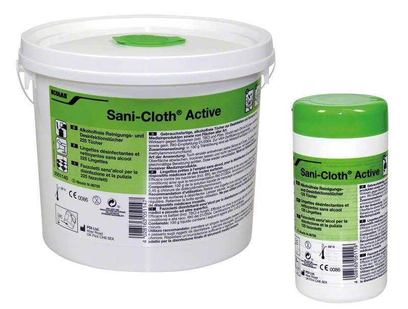 Eimer und Dose mit Sani-Cloth Active Desinfektionstüchern.