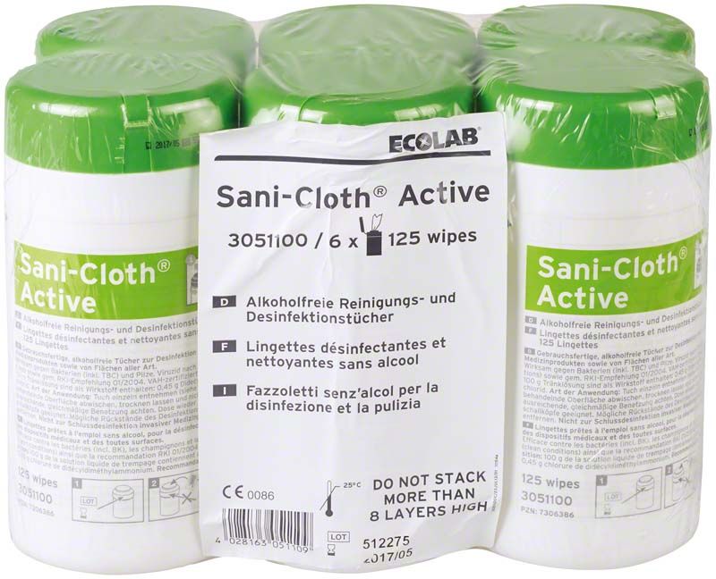 Sechserpackung Sani-Cloth Active Reinigungstücher mit grünem Deckel.