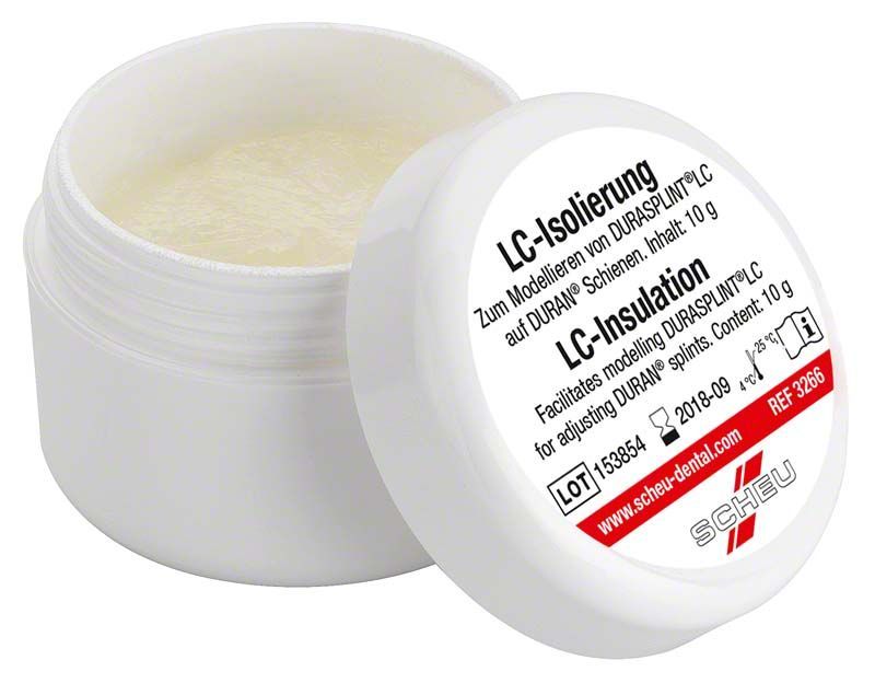 LC-Isolierung in weißem Behälter mit rotem Etikett und Produktinformationen.
