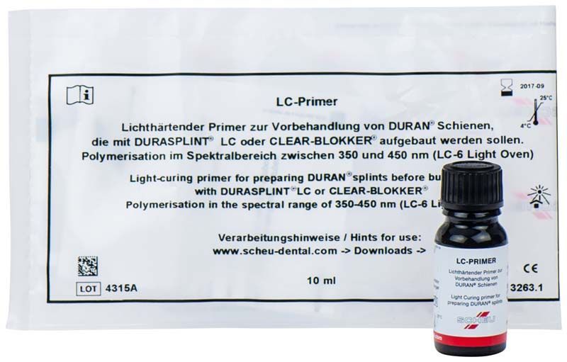 LC-Primer-Flasche vor Verpackung mit Anwendungshinweisen und Produktdetails.