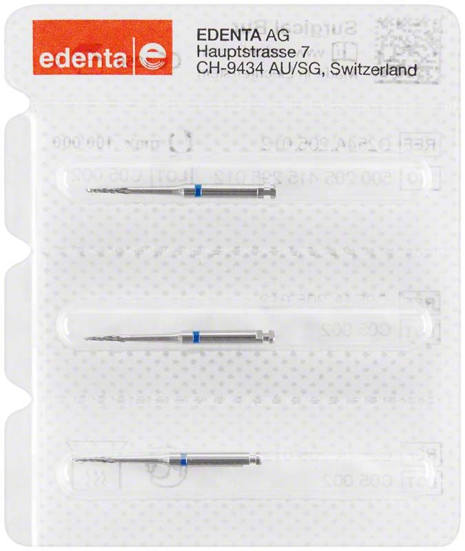 Verpackung mit drei Knochenfräsern C254A 012 RAL von Edenta AG
