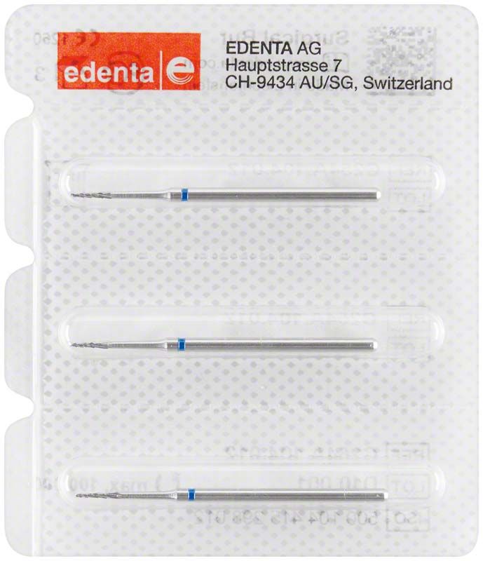 Blisterverpackung mit drei Knochenfräsern C254A 012 HP für die Zahnchirurgie.
