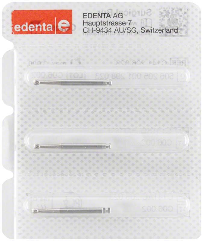 Verpackung mit drei Allport Knochenfräsern C141AC 023 für Dentalanwendungen.