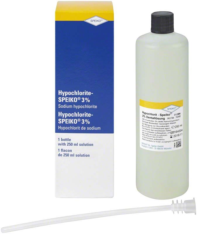 Hypochlorit-SPEIKO® 3 % Flasche 250ml mit Verpackung und Sprühschlauch.