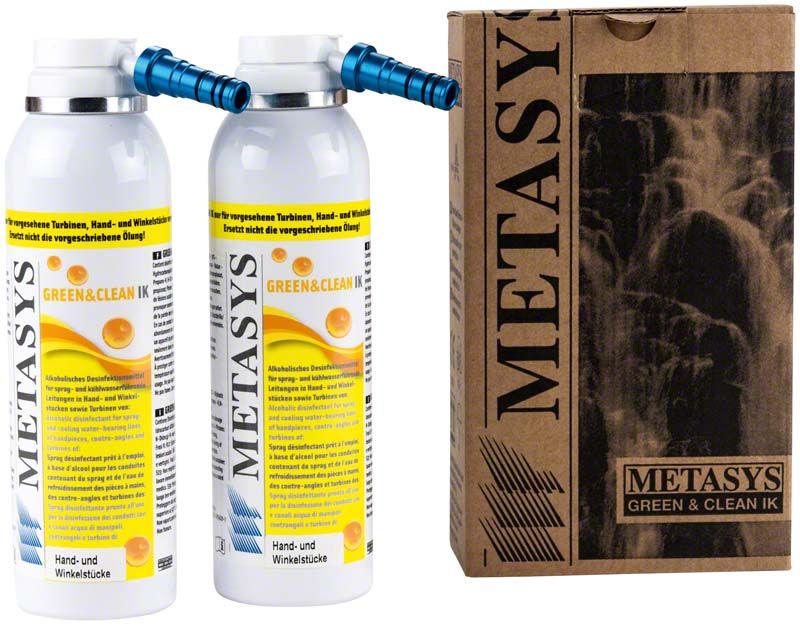 Zwei Flaschen Green & Clean IK Desinfektionsspray vor Metasys-Verpackung.