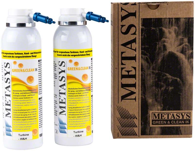 Zwei Dosen Green & Clean IK Turbinen W&H neben einer Verpackung.