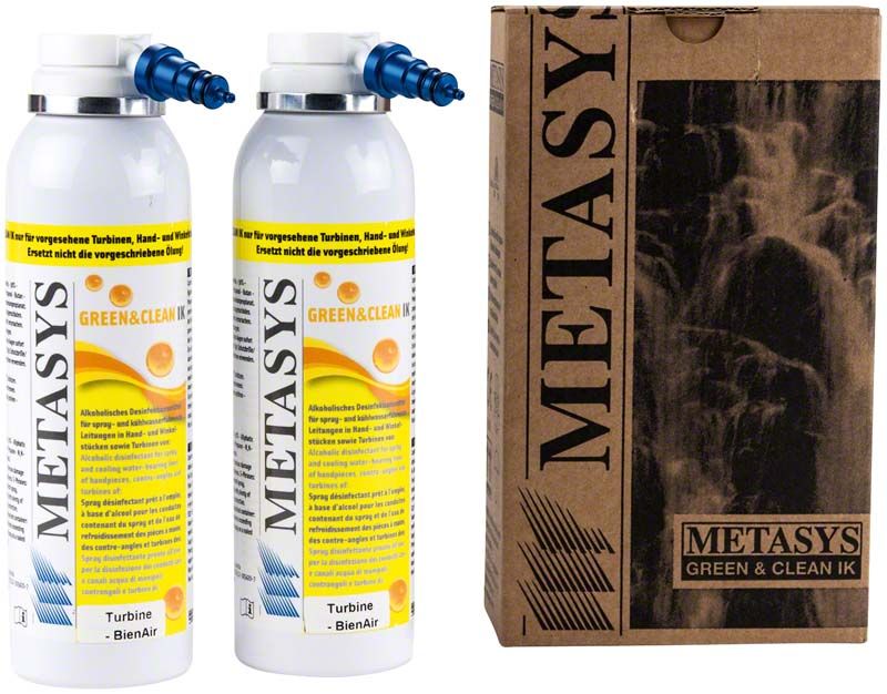 Zwei Metasys Green & Clean IK Turbinen Bien Air Spraydosen neben Verpackung.