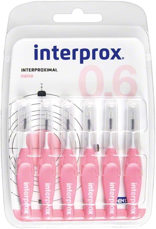 Interprox® Blister nano in rosa Verpackung mit sechs Interdentalbürsten.