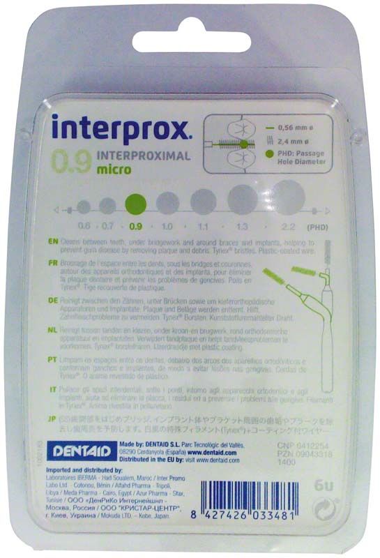 Interprox® Blister micro grün Rückseite mit Produktspezifikationen und Anwendungsanleitung.
