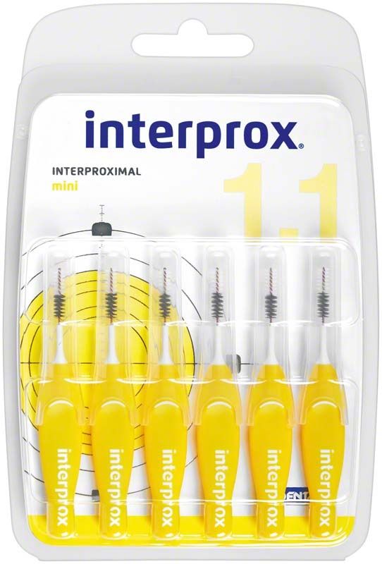 Interprox® Blister mini in Gelb mit fünf Interdentalbürsten in Verpackung.