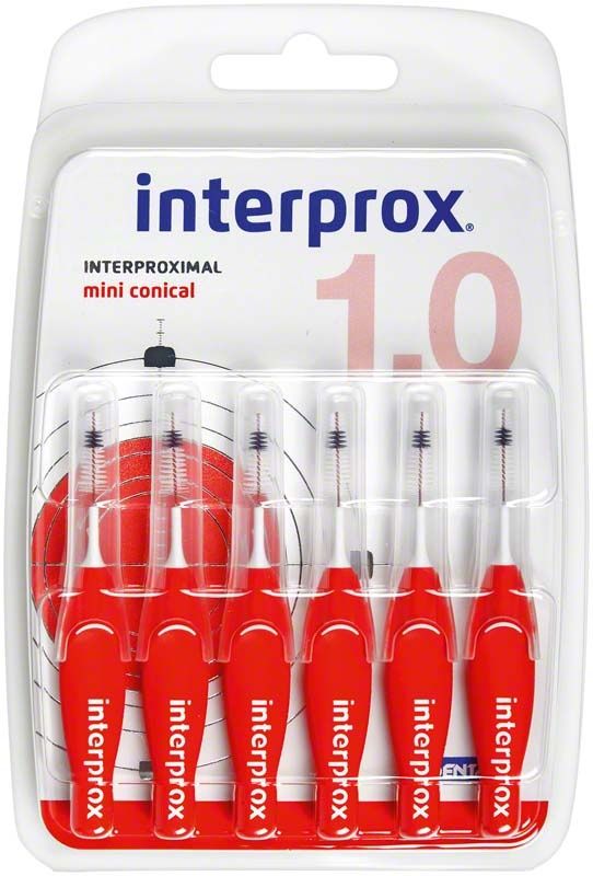 Interprox® Blister miniconical Zahnbürsten mit roten Griffen in Verpackung.