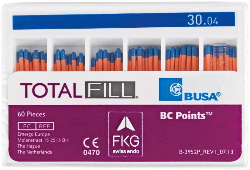 Guttaperchaspitzen TotalFill® BC Points™ Taper .04 Iso 030 in Verpackung.