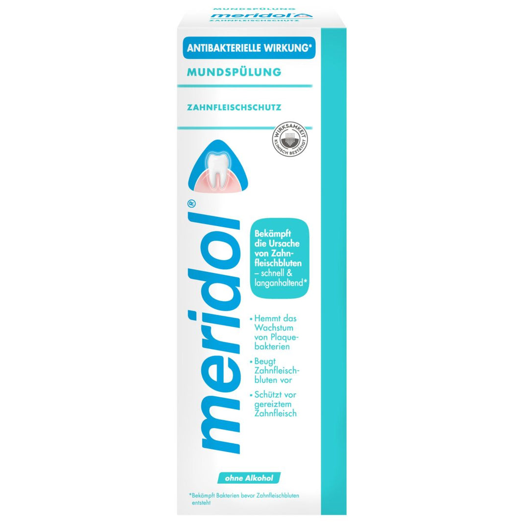 meridol® Mundspülung 400ml Verpackung mit antibakterieller Wirkung und Zahnfleischschutz.