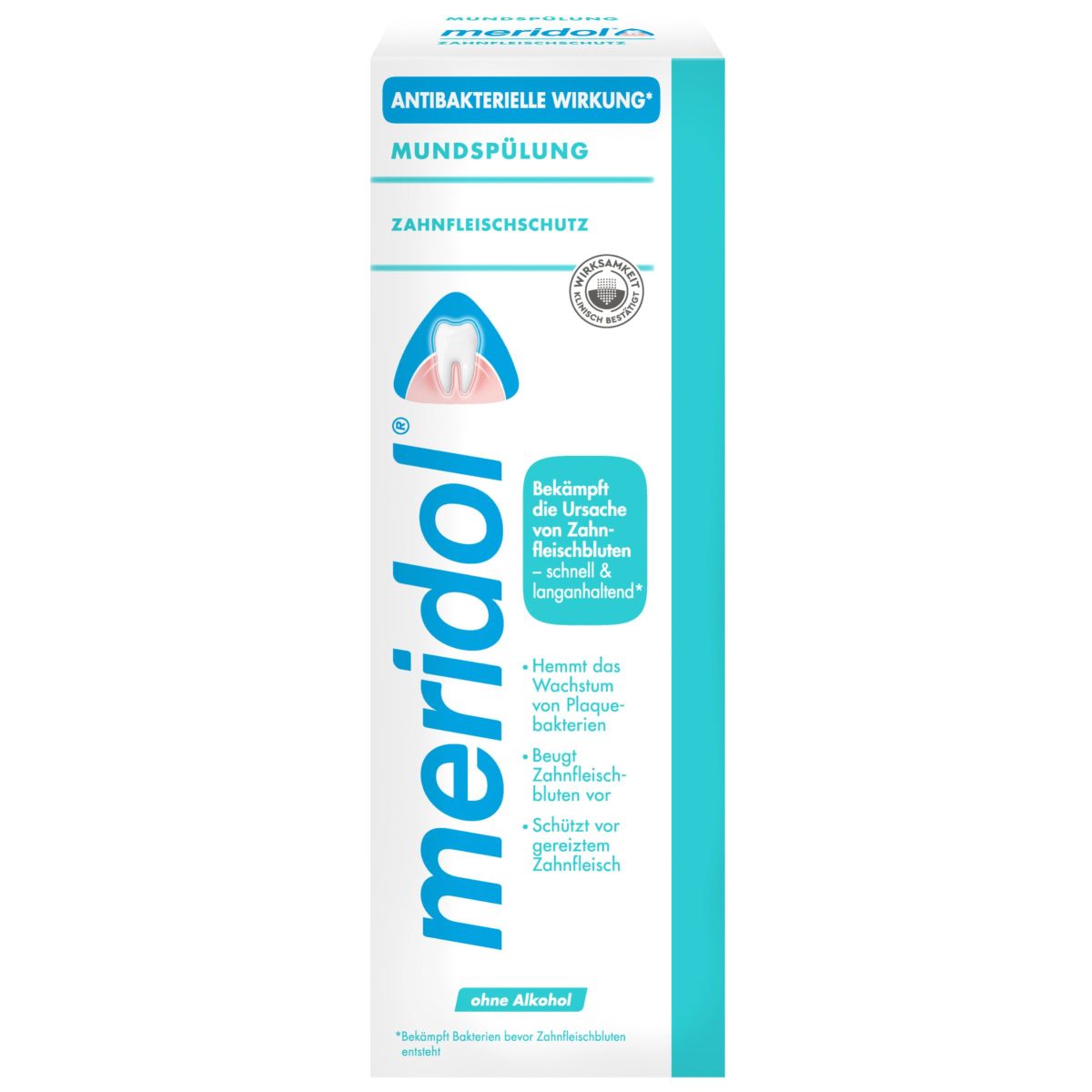 meridol® Mundspülung 400ml Verpackung mit antibakterieller Wirkung und Zahnfleischschutz.