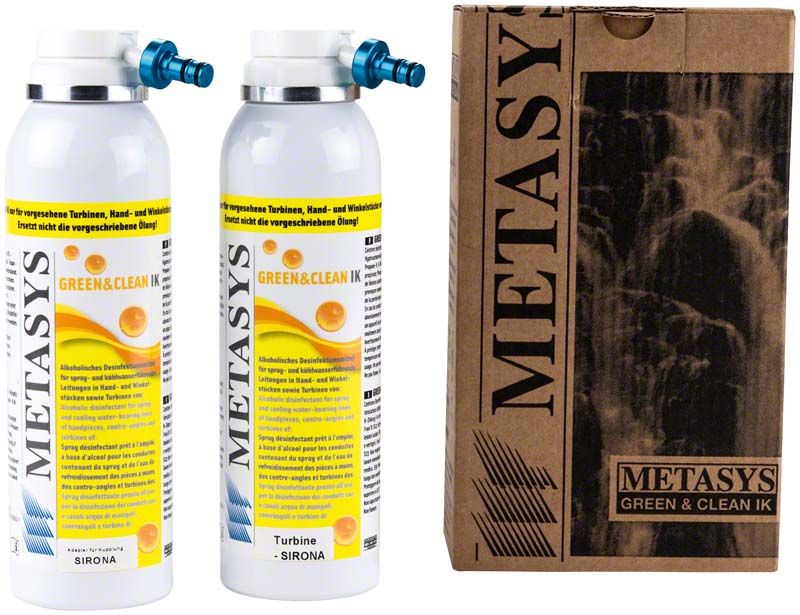 Zwei Flaschen Green & Clean IK Turbinen Sirona vor Kartonverpackung.