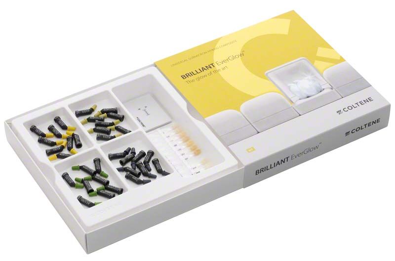 BRILLIANT EverGlow™ Testkit mit verschiedenen Farbmusterkappen und Verpackung.