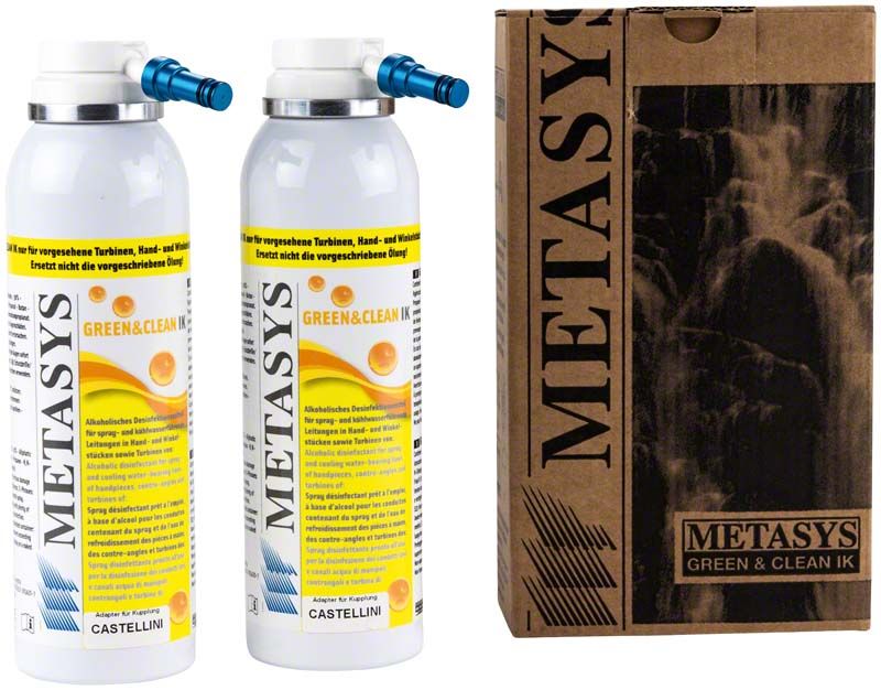 Zwei Spraydosen "Green & Clean IK" von Castellini mit Verpackung.