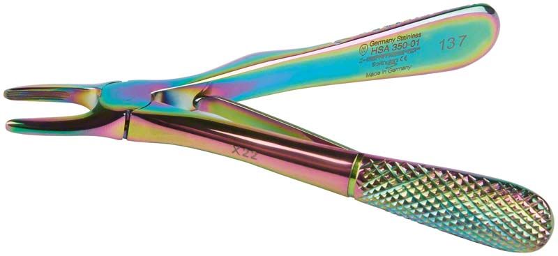 Kinderzahnzange Arquatus Line für obere Schneidezähne, aus Edelstahl mit Regenbogenfinish.