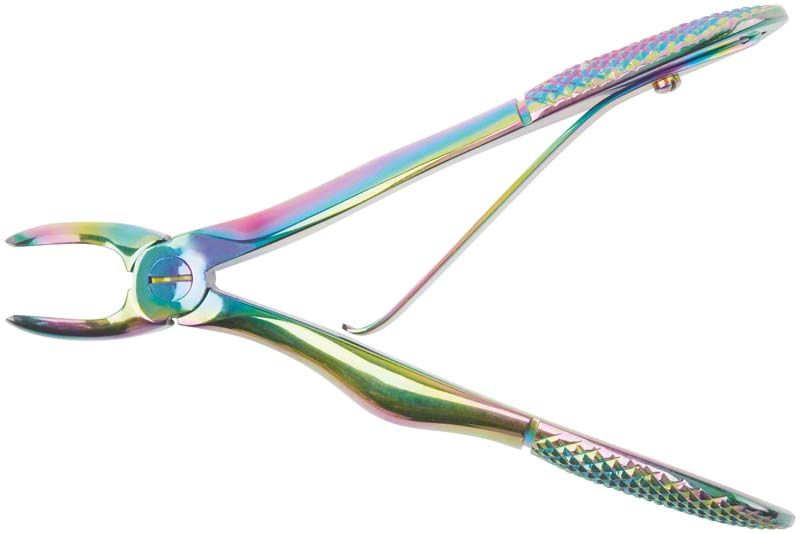 Kinderzahnzange Arquatus Line Fig. 2 für obere Prämolaren in Regenbogenfarbe.