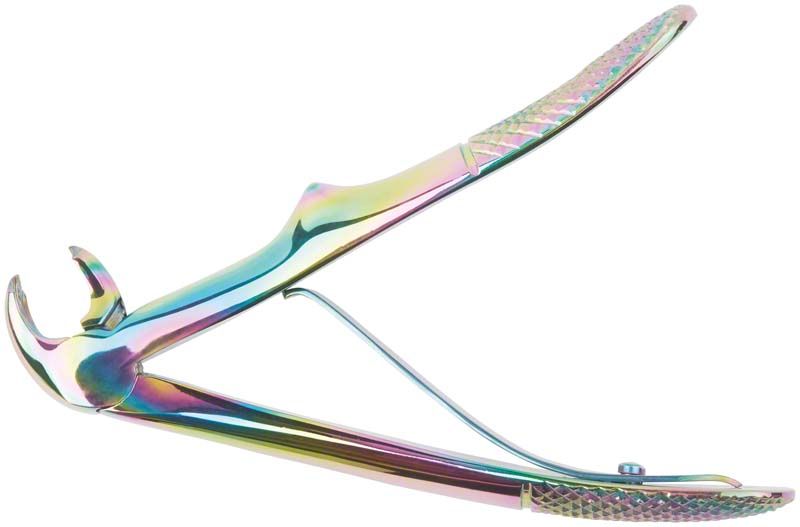 Kinderzahnzange Arquatus Line Fig. 6 für untere Molaren in Regenbogenfarben.