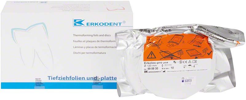 Erkoloc-pro pink 10er Folienverpackung mit Zahnschienen-Illustration und Produktinformationen.