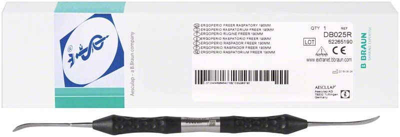ERGOPLANT Raspatorium mit ergonomischem Griff und Verpackung von Aesculap.