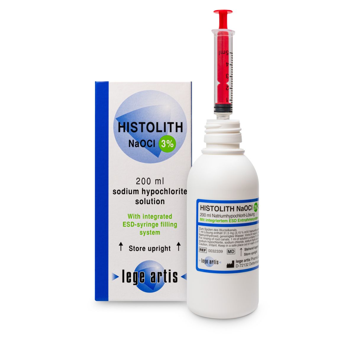 HISTOLITH NaOCl 3% Lösung 200ml Flasche mit Spritze und Verpackung.