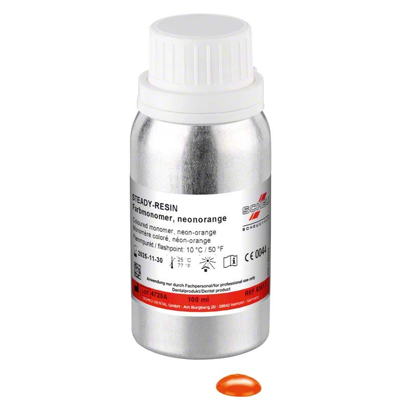 Hochtransparente 100ml Dose STEADY-RESIN Neonmonomere in Neonorange für Kieferorthopädie.