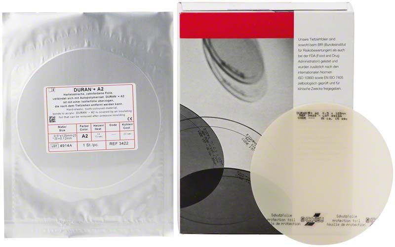 DURAN®+ A2 Tiefziehfolie in Verpackung mit Produktdetails und Logo.
